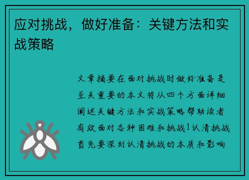 应对挑战，做好准备：关键方法和实战策略